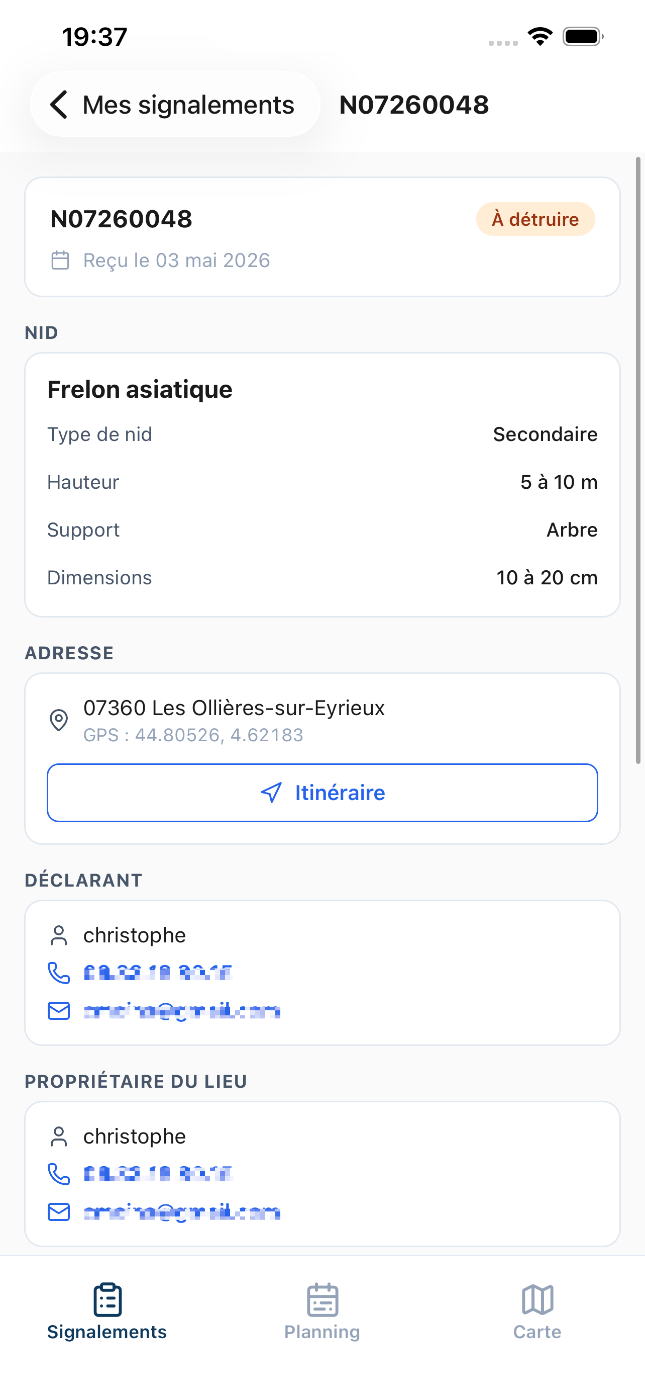 Fiche d'un signalement de nid